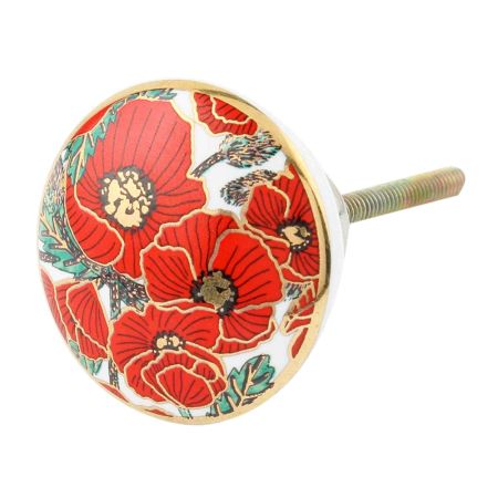Red Poppy Flower Golden Ceramic Cabinet Knobs